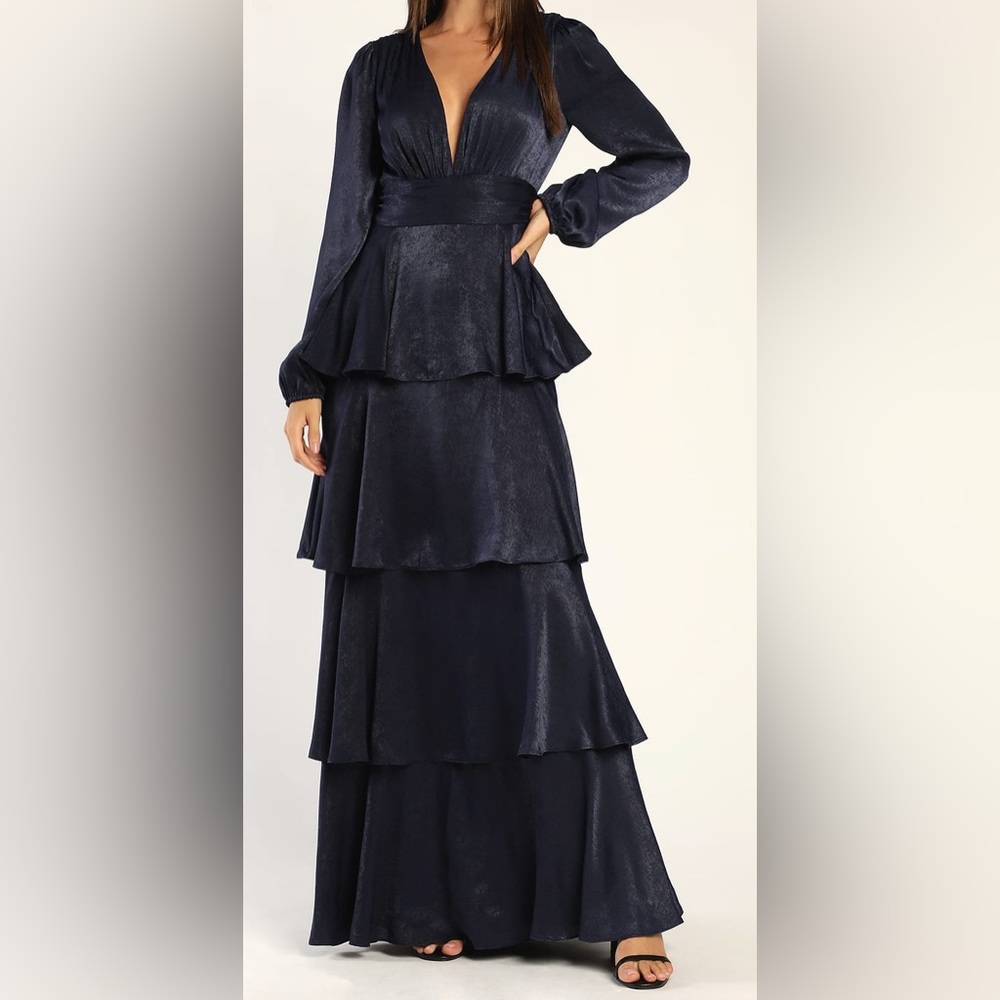 NWT Lulus Tier For Love Navy Blue Satin Long Sleeve Tiered Maxi Dress